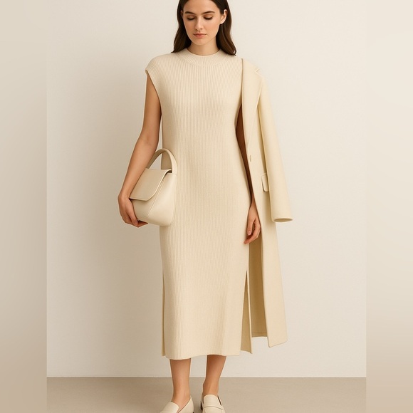 H&M Dresses & Skirts - H&M Knit Cream Midi Dress Double Side Slit | Minimal Chic Cozy Fall